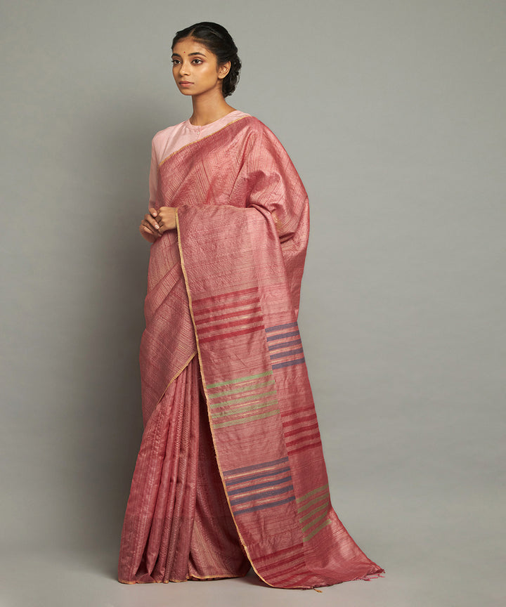 Coral zari tussar silk hand woven chhattisgarh kosa saree