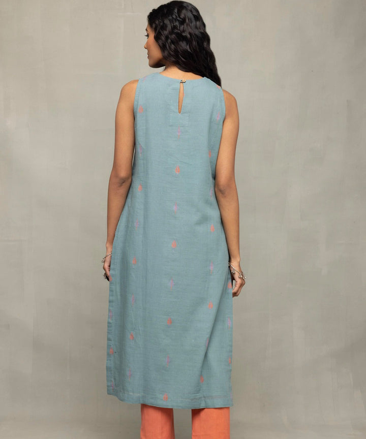Zen blue straight fit jamdani kurta set tangerine leaf motif dupatta