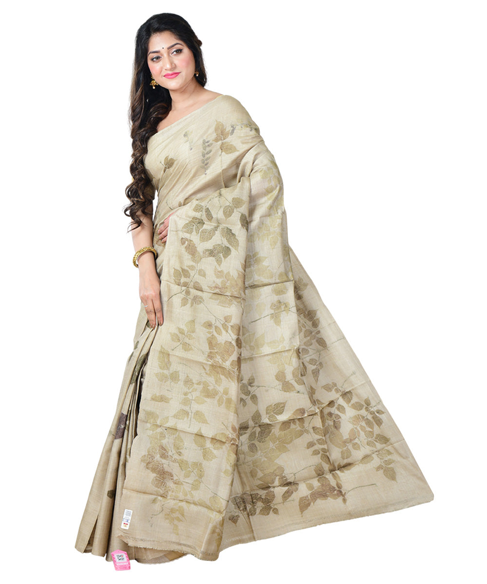 Beige yellow  handprinted tussar silk saree
