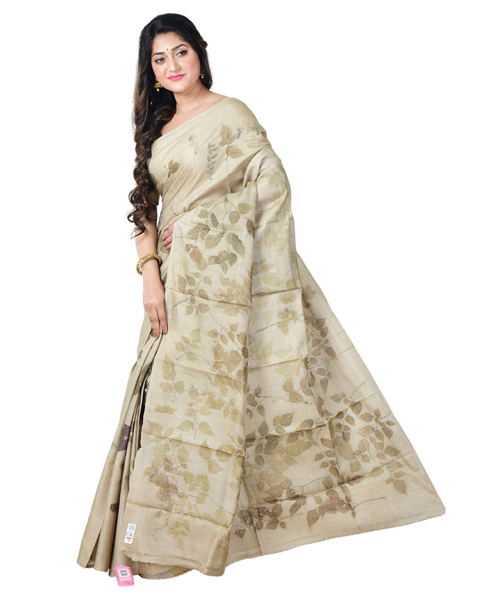 Beige yellow  handprinted tussar silk saree