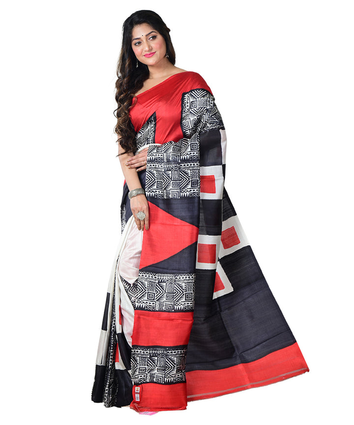 Black red block print handprinted silk saree