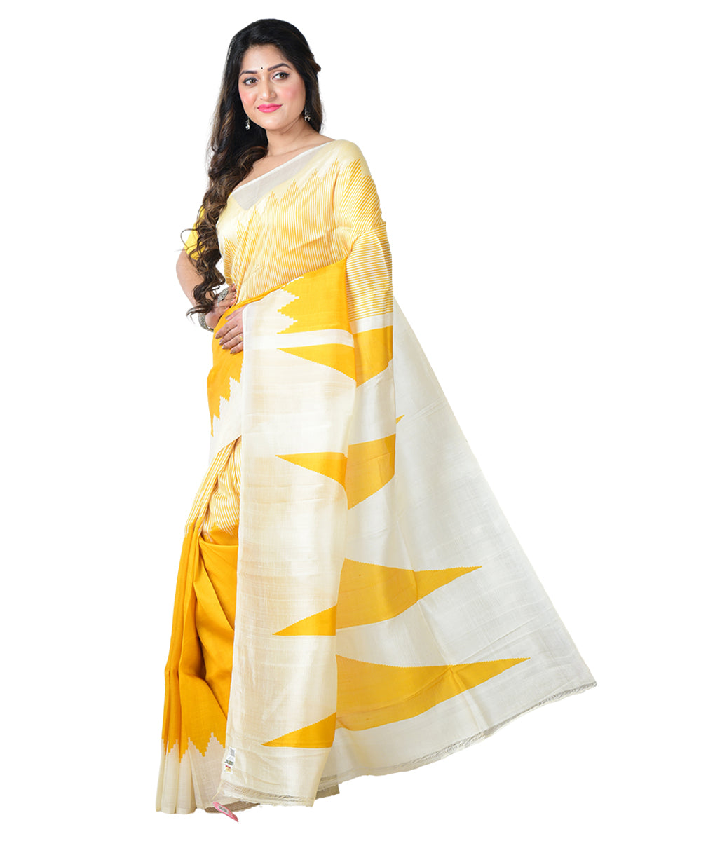Yellow white block print handprinted silk saree