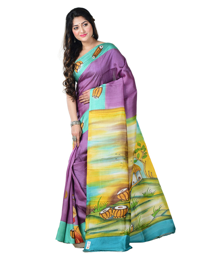 Purple multicolor  hand painted silk saree