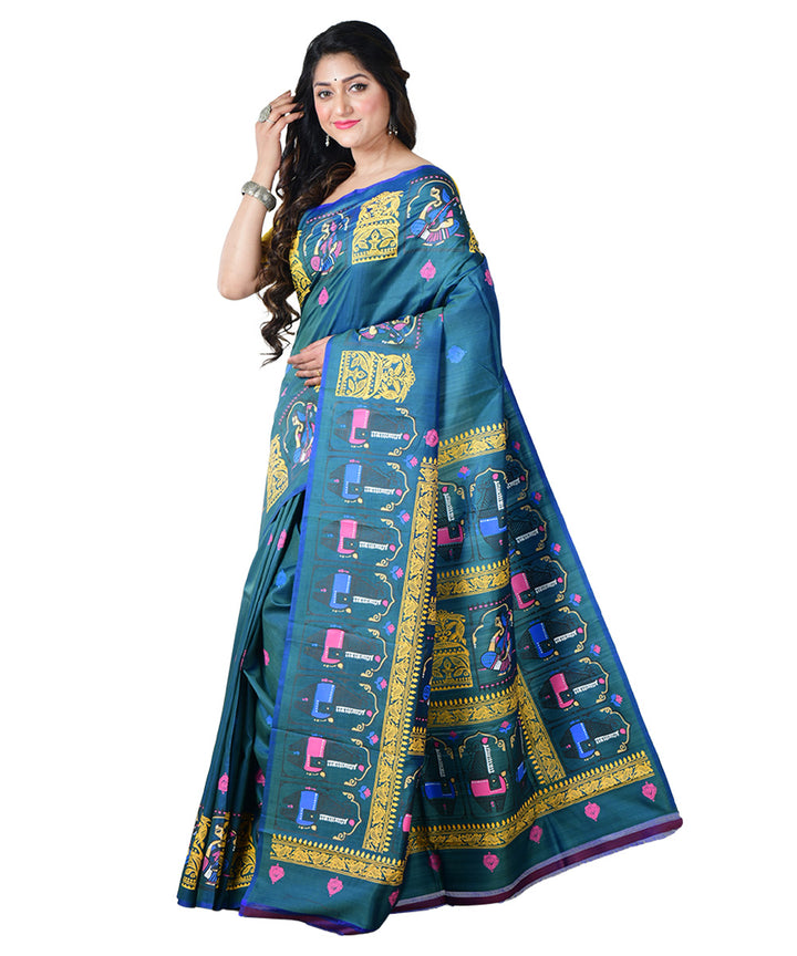 Turquoise multicolor block print handprinted silk saree