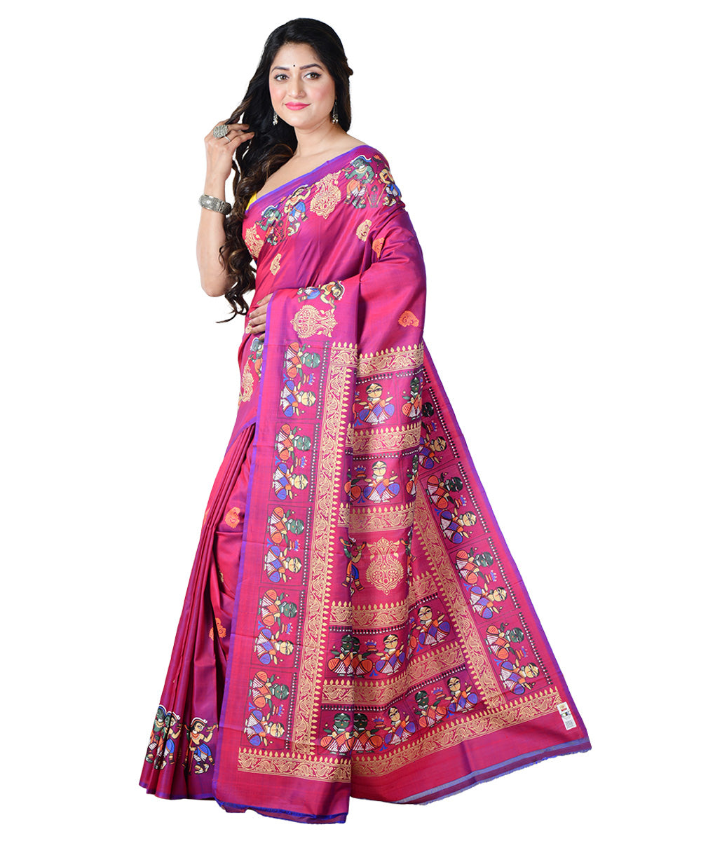 Pink multicolor block print handprinted silk saree