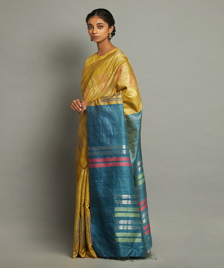 Yellow blue tussar silk hand woven chhattisgarh kosa saree