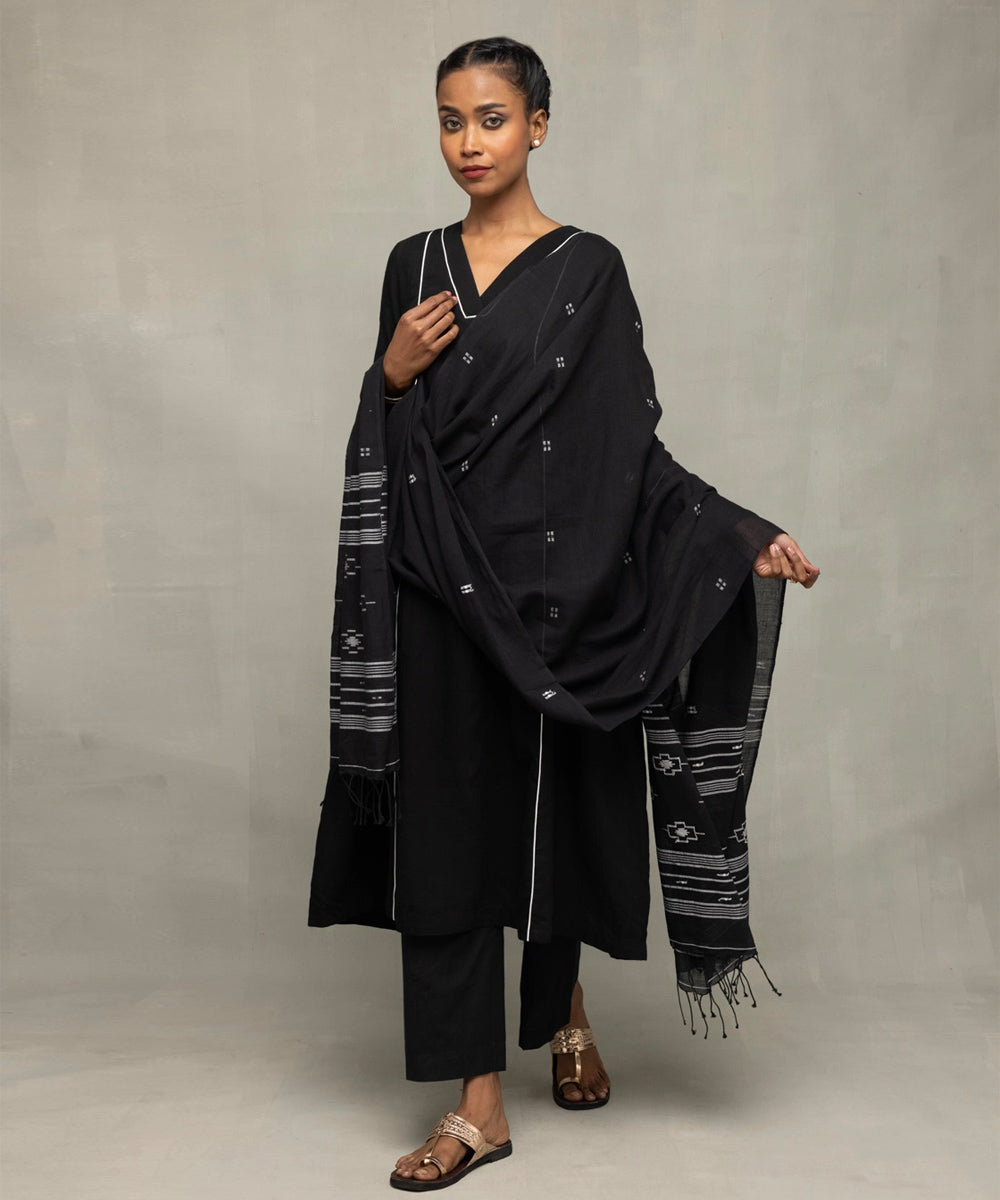 Black bengal cotton kurta set with jamdani dupatta