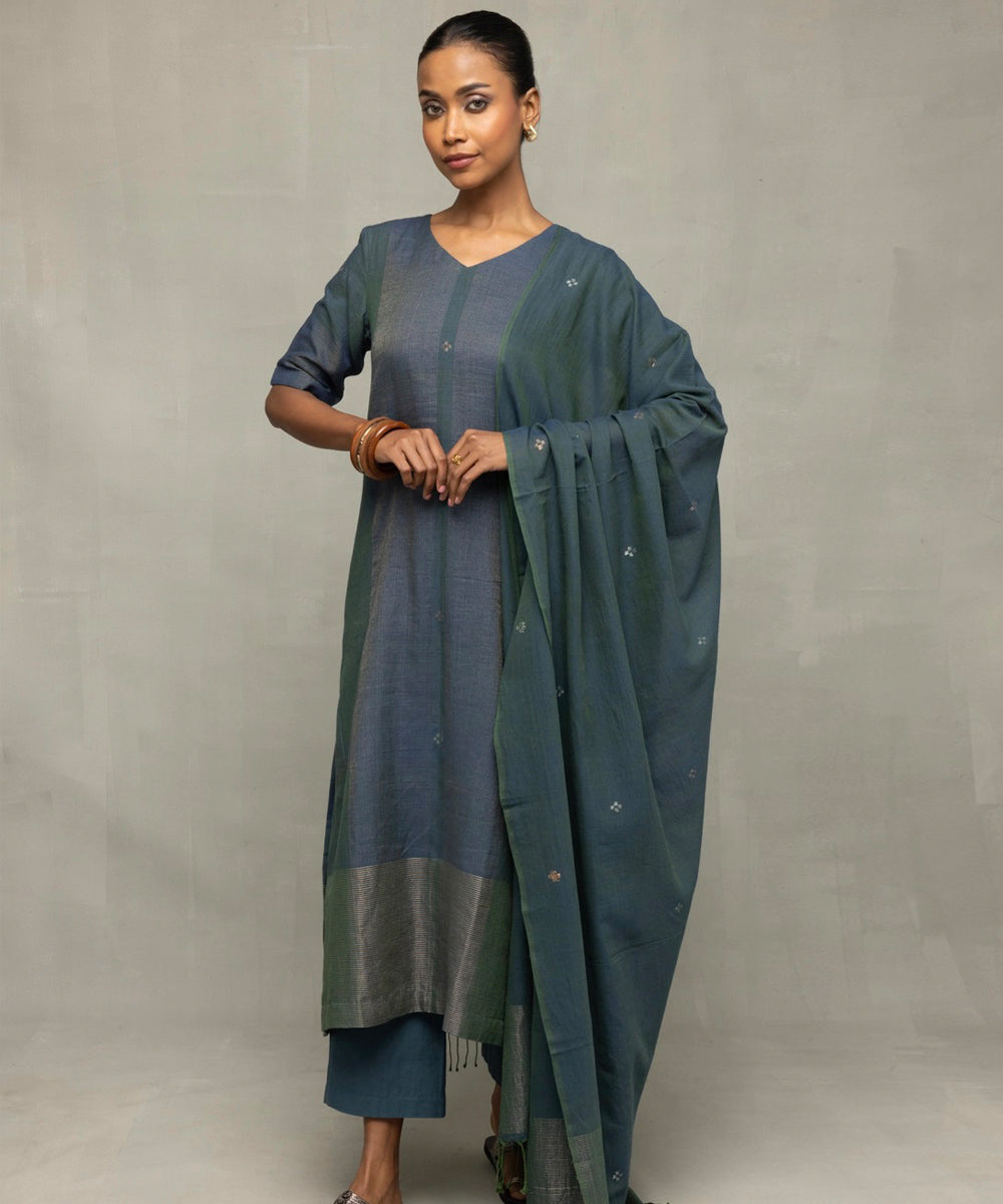 Teal green jamdani kurta set with silver zari border and dupatta