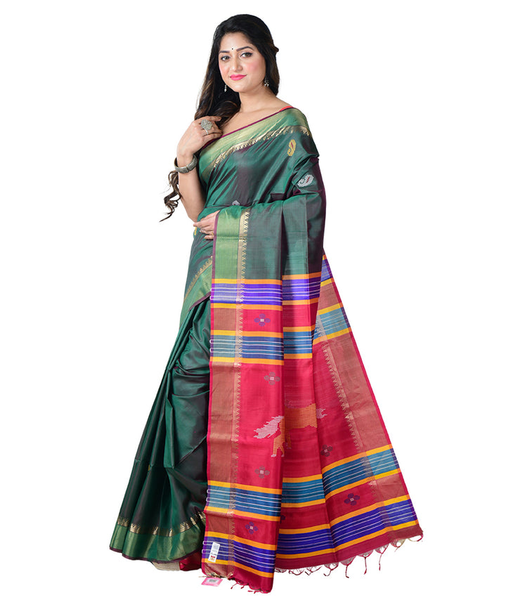 Dark green multicolor  handwoven silk saree