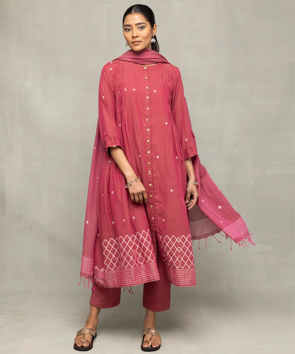 Dusty rose cross motifs jamdani kurta set with dupatta