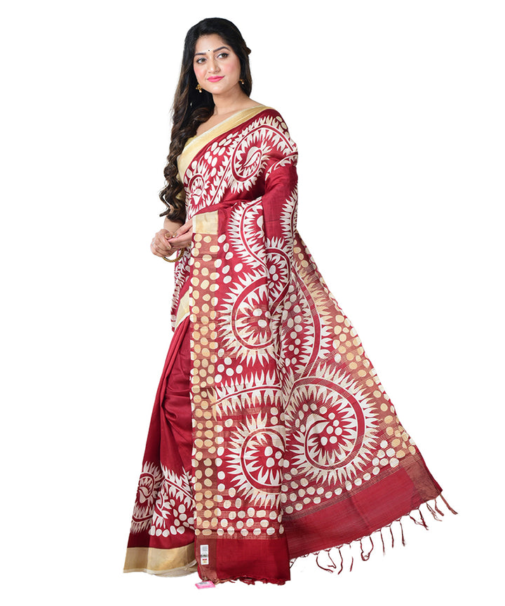 Maroon white block print handprinted silk saree