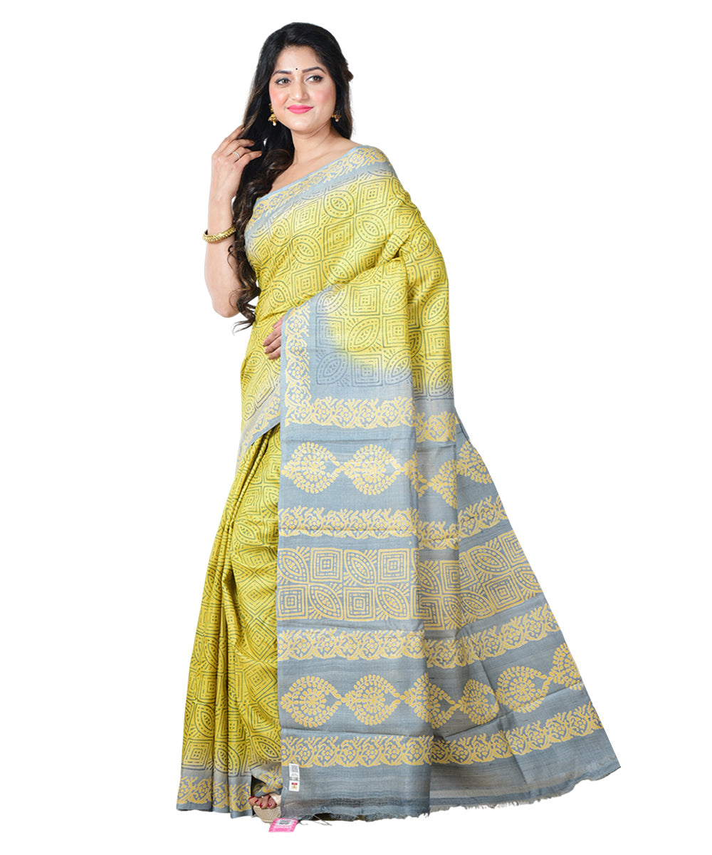 Light green grey block print handwoven tussar silk saree