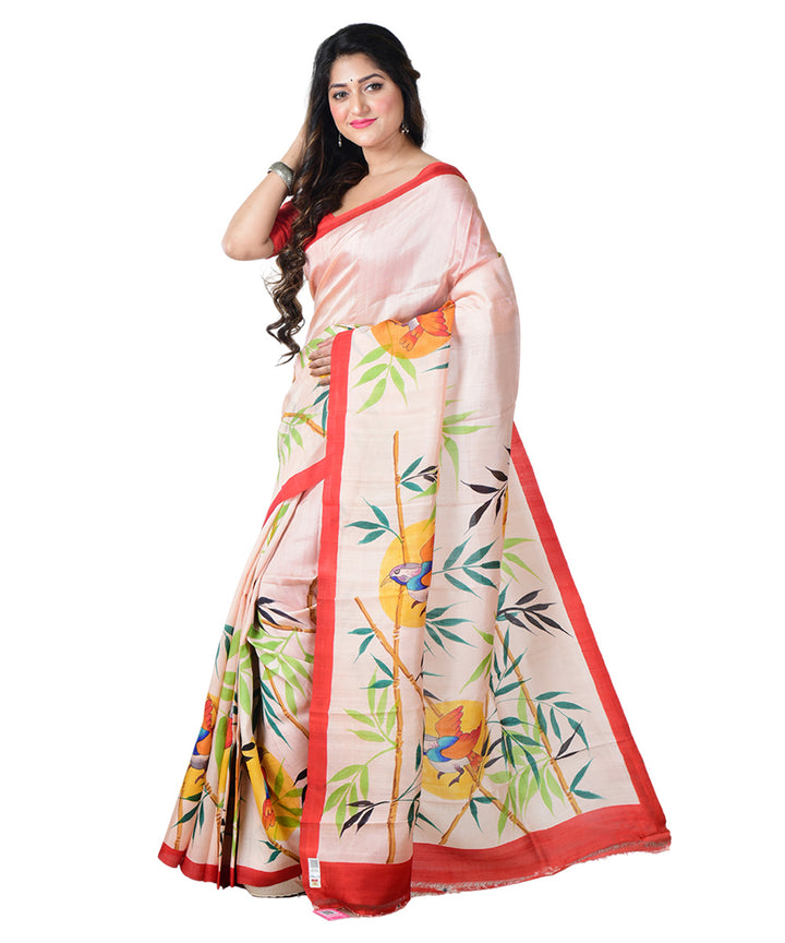 Beige multicolor  hand painted silk saree