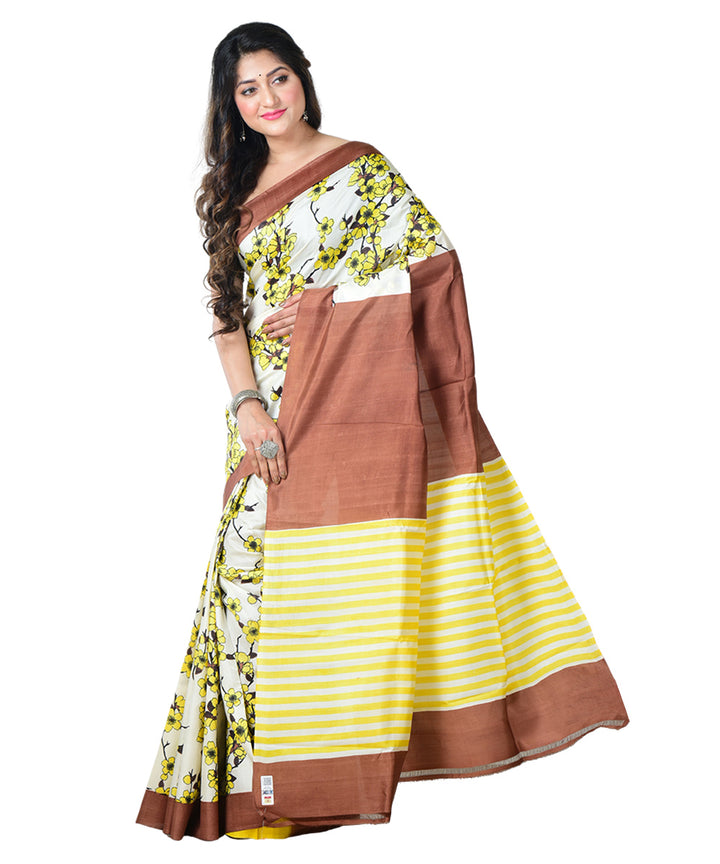 Beige brown block print handprinted silk saree