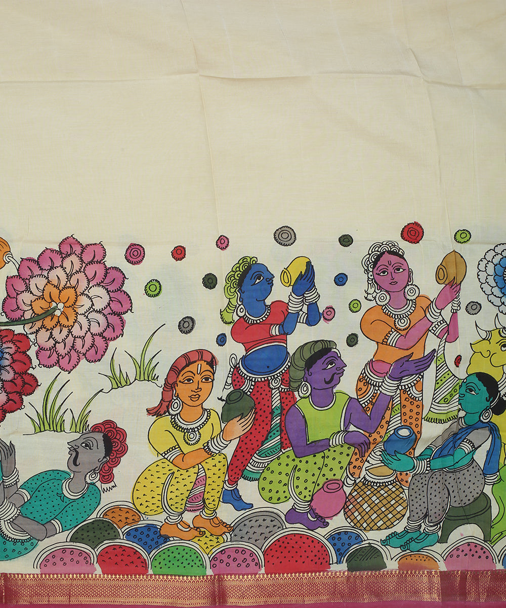 Offwhite multicolour hand painted kalamkari cotton silk dupatta