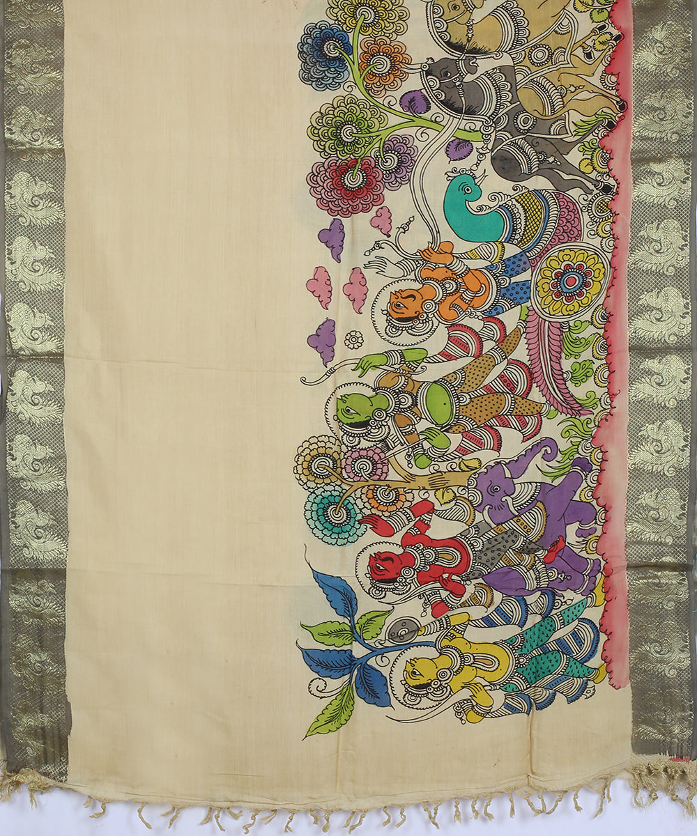 Cream multicolour hand painted kalamkari cotton silk dupatta