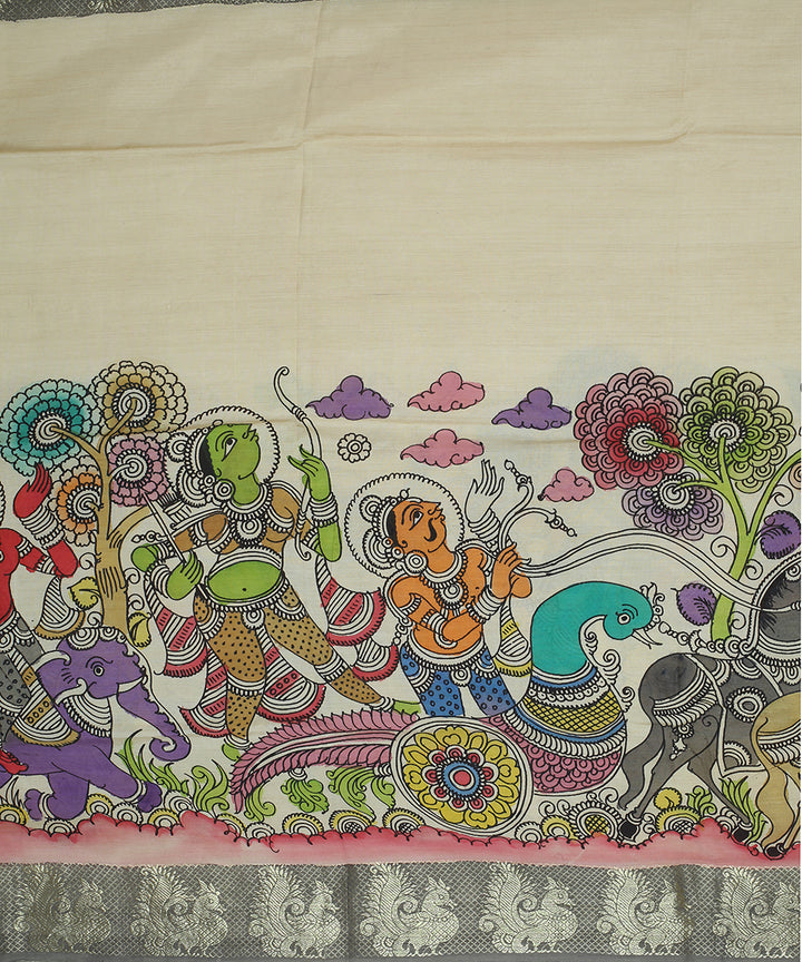 Cream multicolour hand painted kalamkari cotton silk dupatta