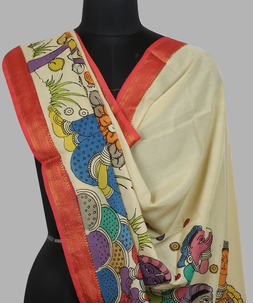 Cream multicolour kalamkari hand painted cotton silk dupatta