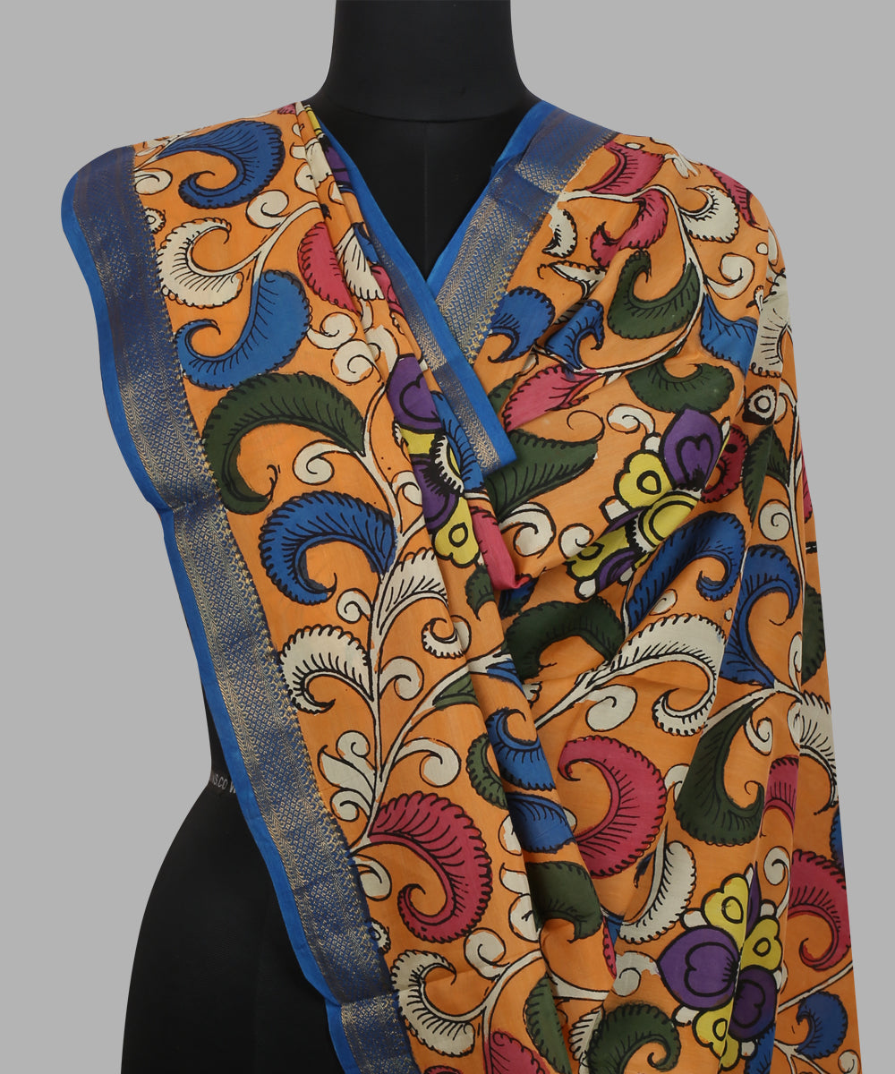 Brown multicolour cotton silk hand painted kalamkari dupatta