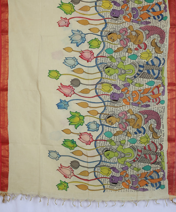 Cream multicolour cotton silk hand painted kalamkari dupatta