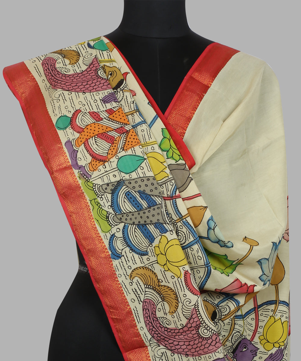 Cream multicolour cotton silk hand painted kalamkari dupatta