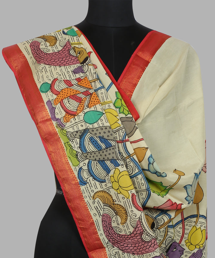 Cream multicolour cotton silk hand painted kalamkari dupatta