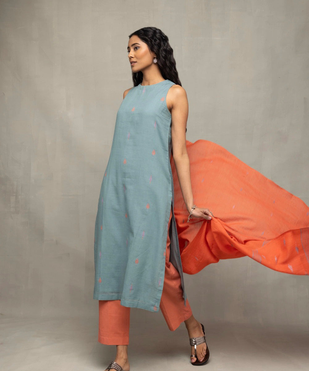 Zen blue straight fit jamdani kurta set tangerine leaf motif dupatta