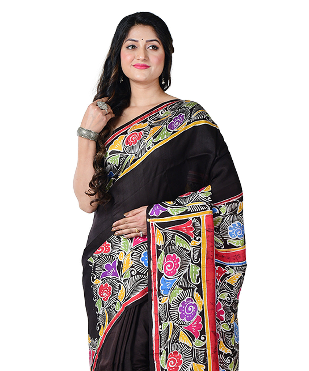 Black multicolor batik print handprinted silk saree