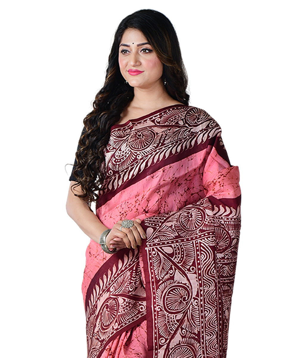 Pink maroon batik print handprinted silk saree