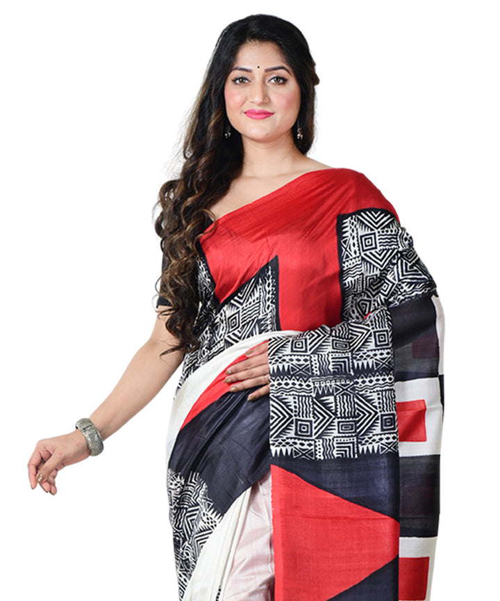 Black red block print handprinted silk saree