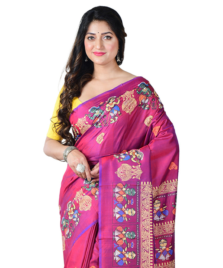 Pink multicolor block print handprinted silk saree