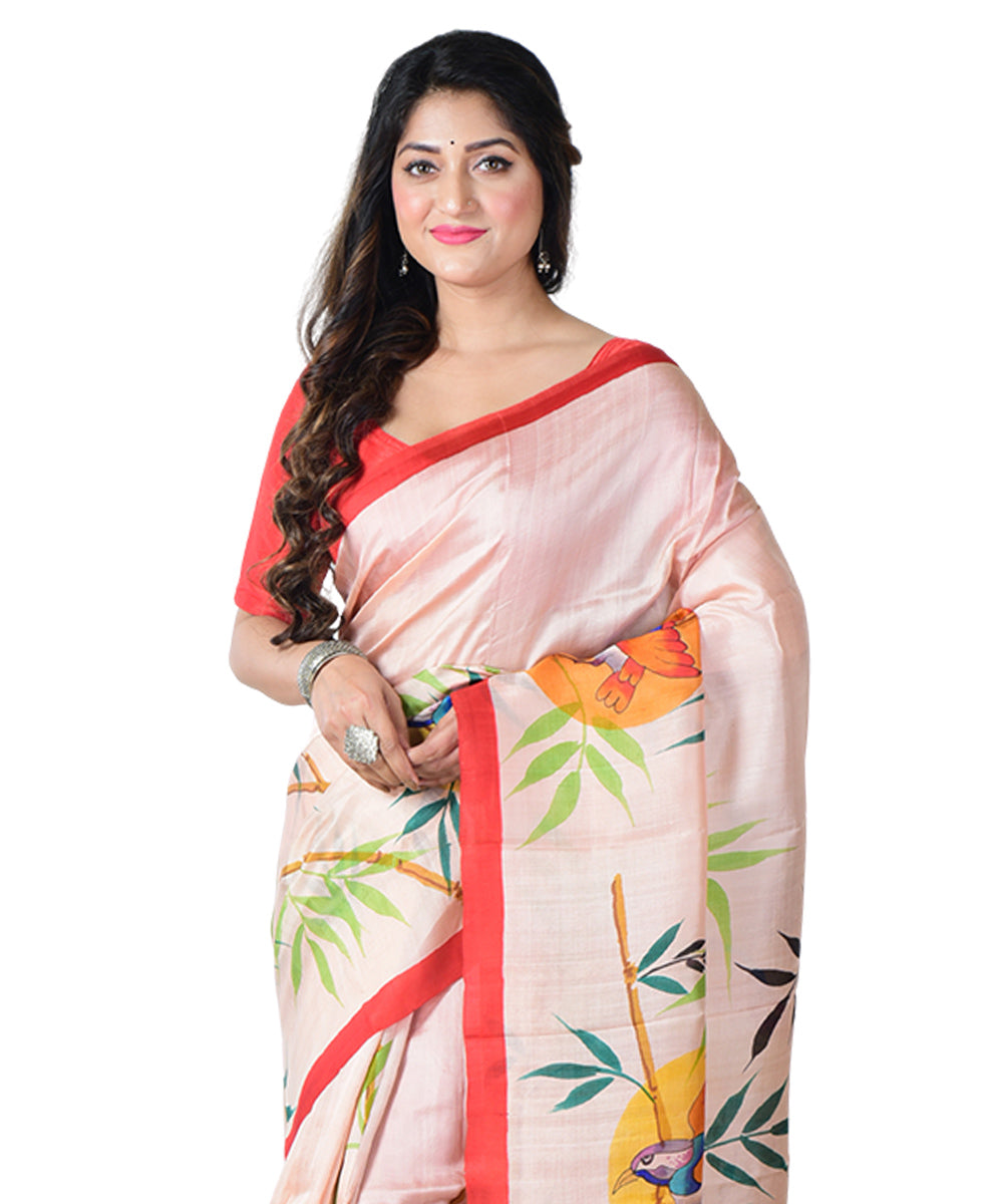 Beige multicolor  hand painted silk saree