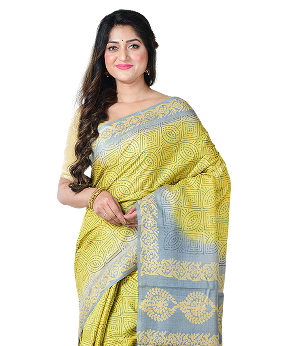 Light green grey block print handwoven tussar silk saree