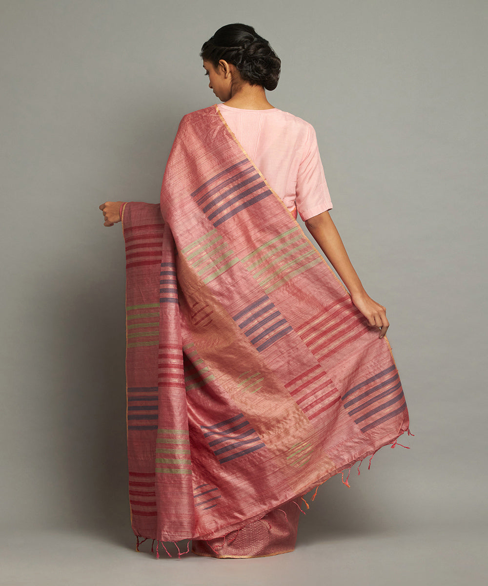 Coral zari tussar silk hand woven chhattisgarh kosa saree