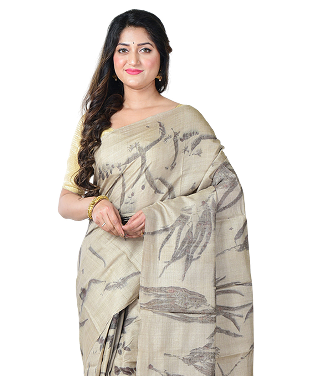 Grey black  handprinted tussar silk saree