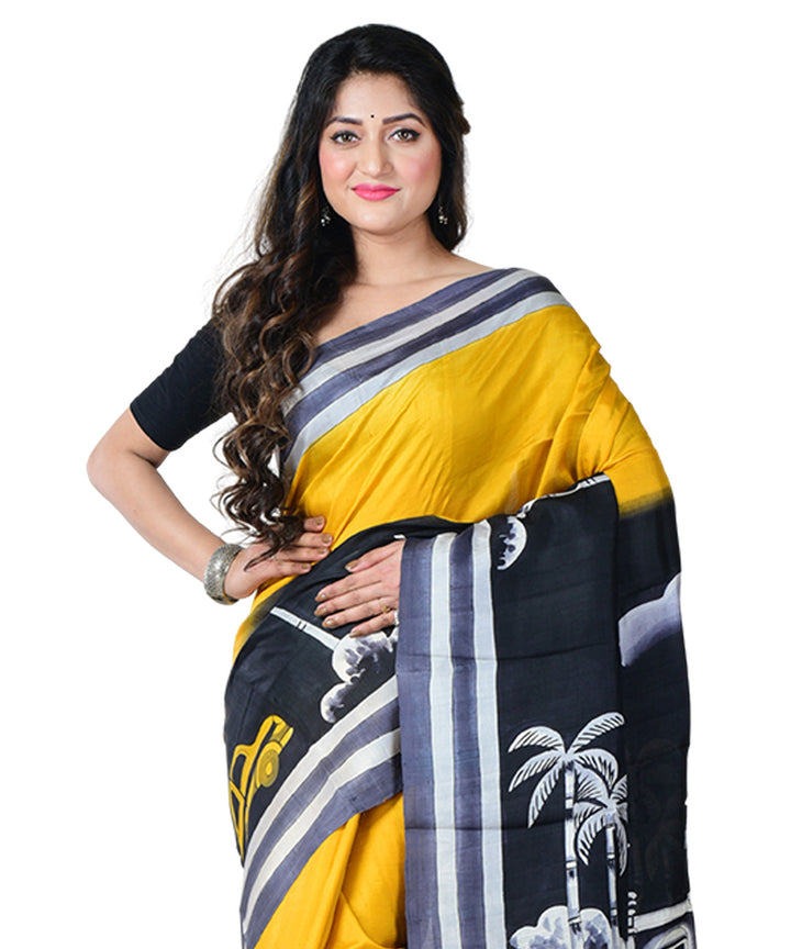 Yellow black  hand painted silk saree