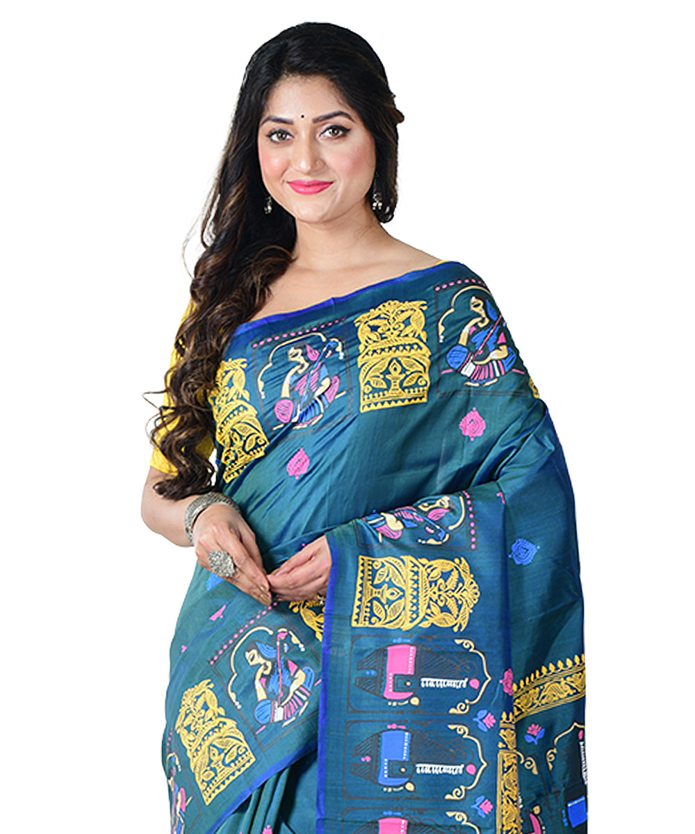 Turquoise multicolor block print handprinted silk saree