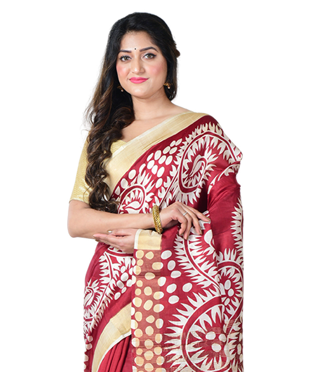 Maroon white block print handprinted silk saree