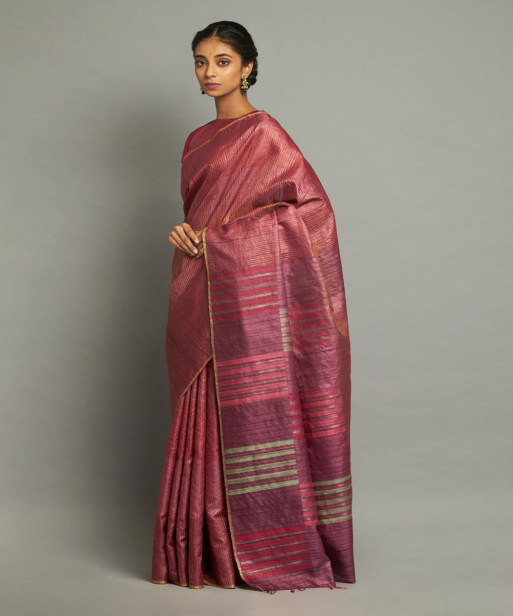 Maroon zari tussar silk hand woven chhattisgarh kosa saree