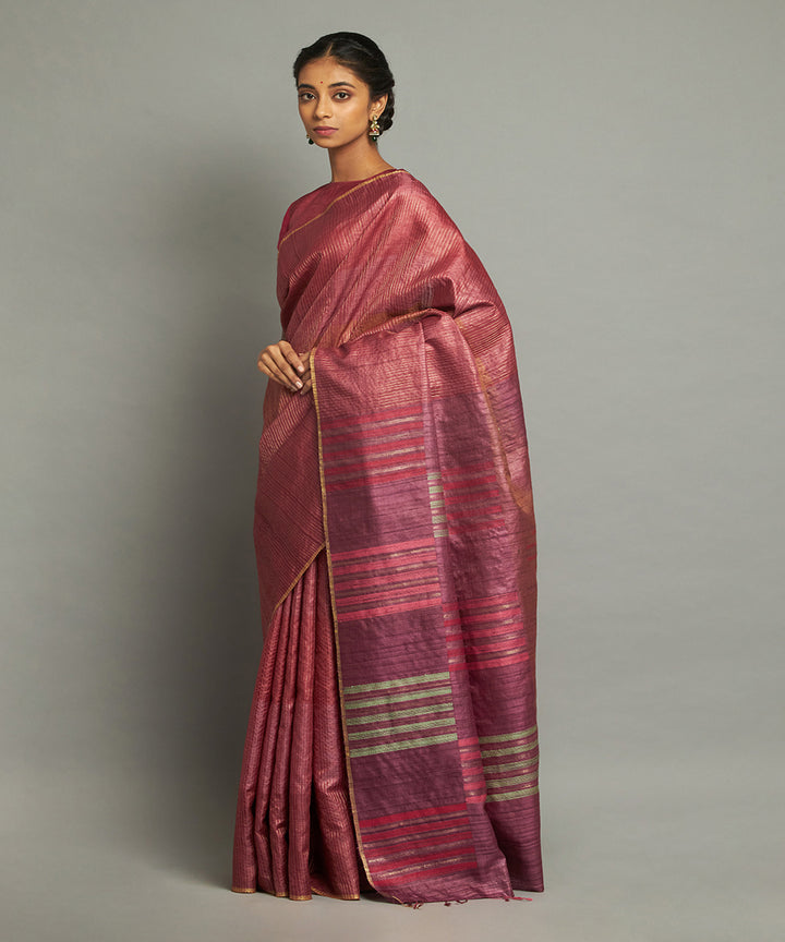 Maroon zari tussar silk hand woven chhattisgarh kosa saree