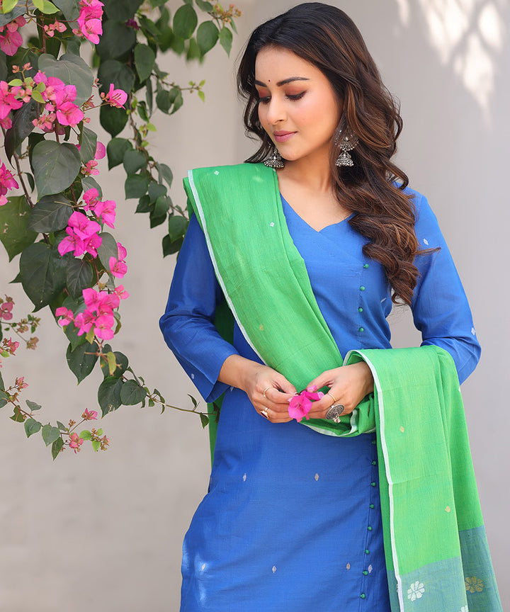 Blue green jamdani kurta set with dupatta