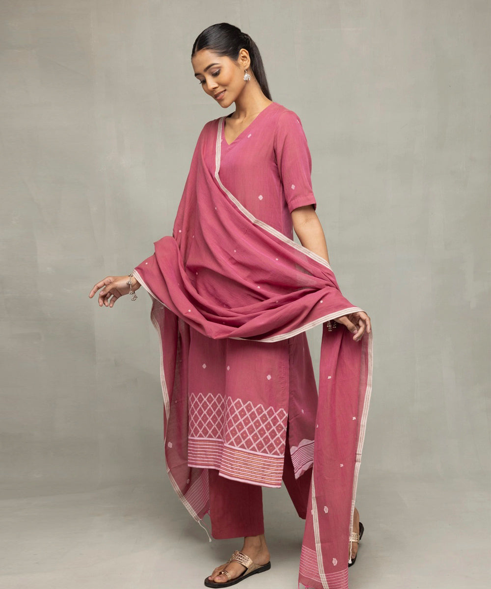 Dusty rose pink cross motifs jamdani kurta set with dupatta