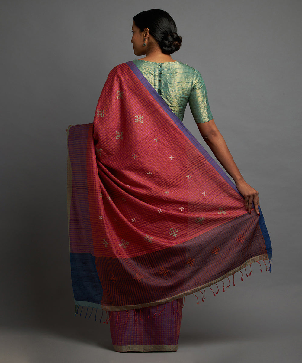 Magenta pumpkin orange tussar silk hand woven chhattisgarh kosa saree