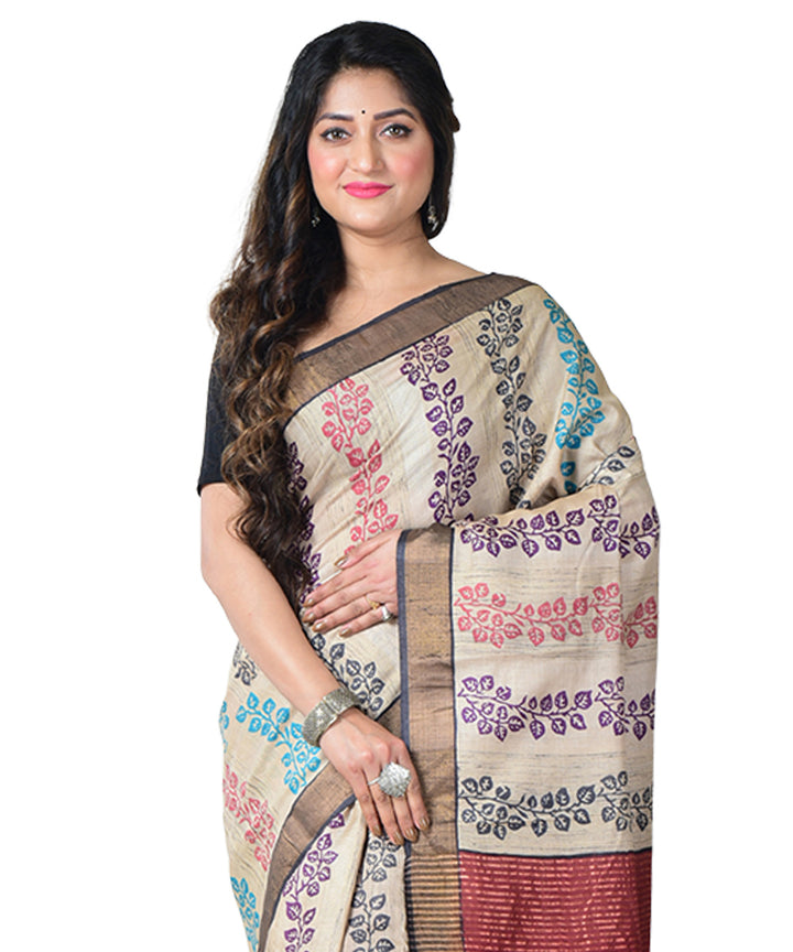 Beige multicolor block print handprinted tussar silk saree