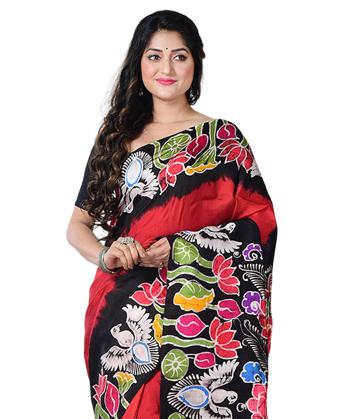 Red multicolor batik print handprinted silk saree