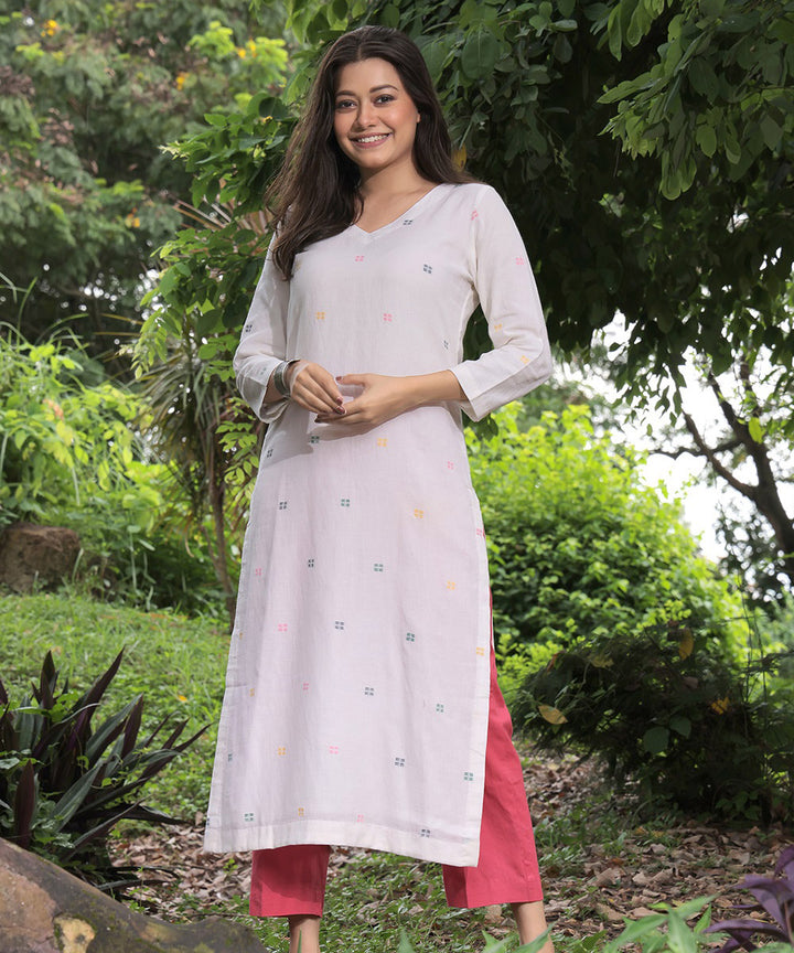 Handloom off white cotton square jamdani kurta set with dupatta