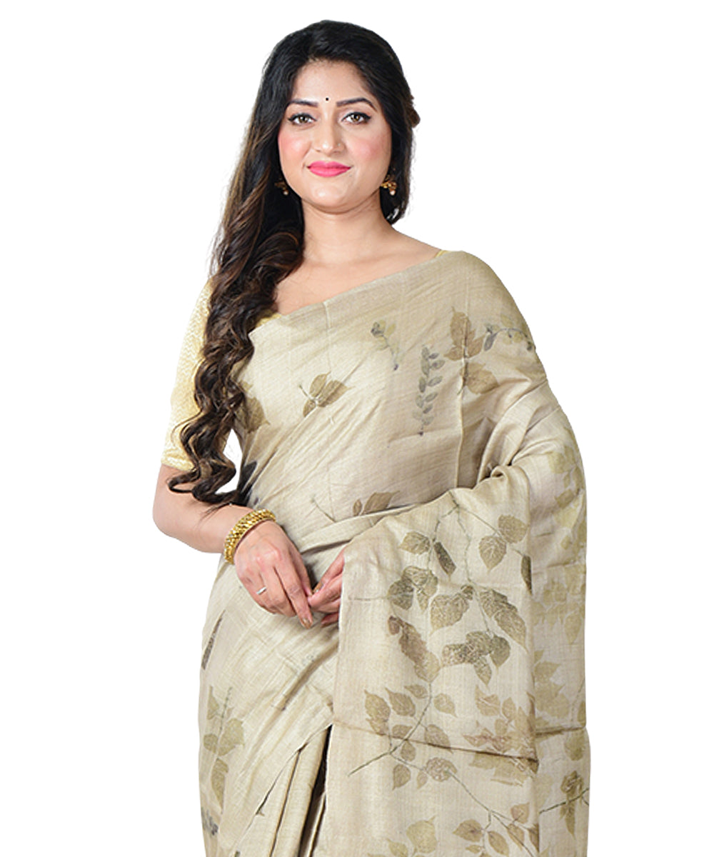 Beige yellow  handprinted tussar silk saree