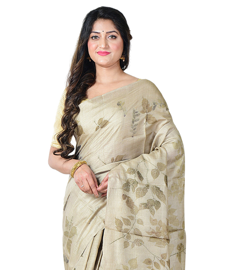 Beige yellow  handprinted tussar silk saree