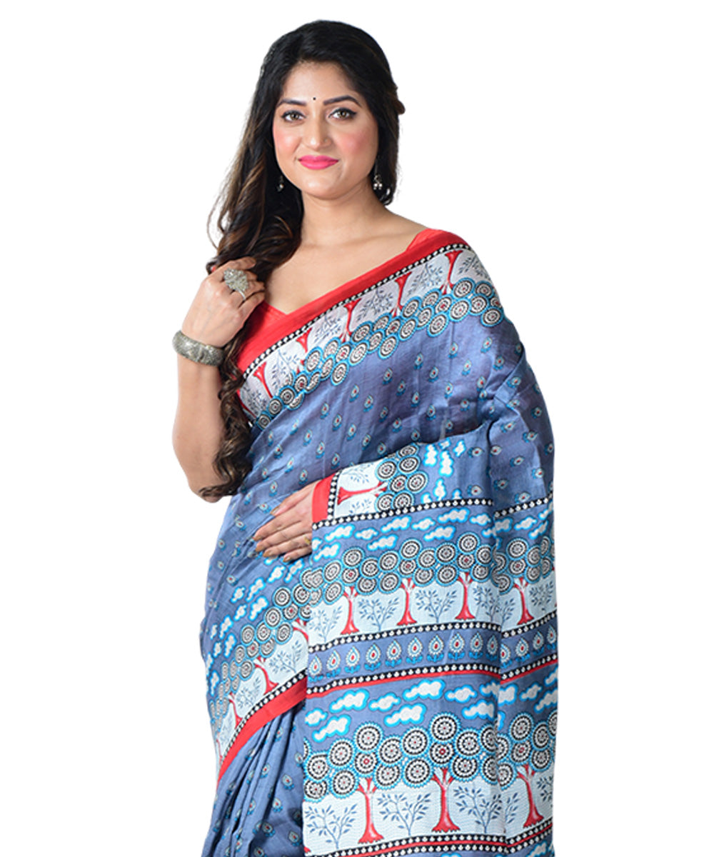 Grey multicolor  handprinted silk saree