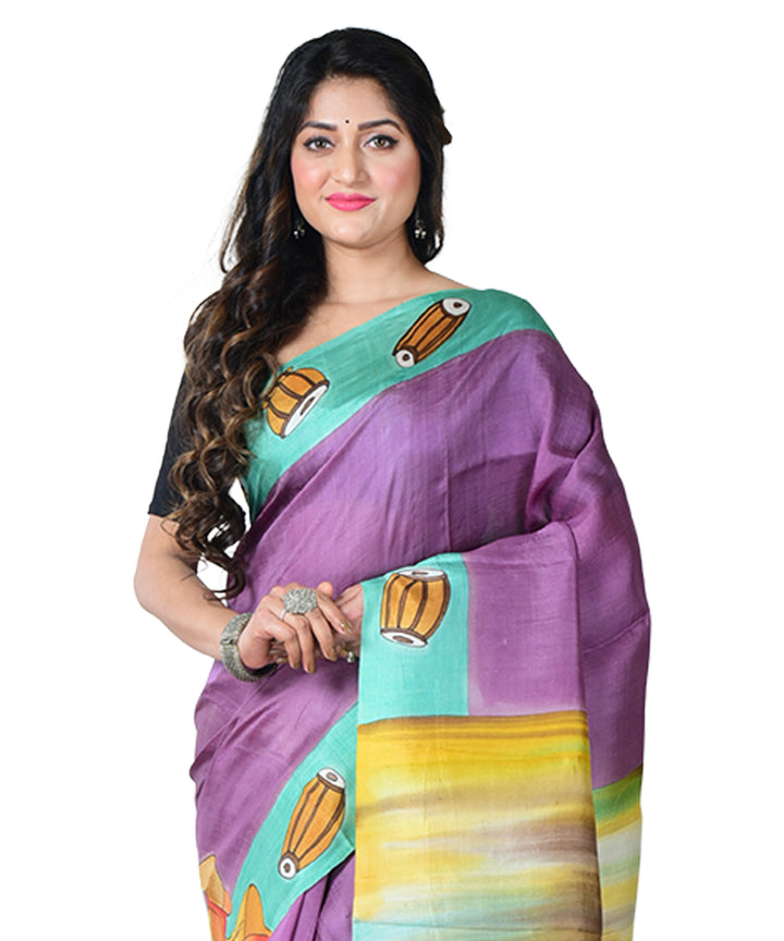 Purple multicolor  hand painted silk saree